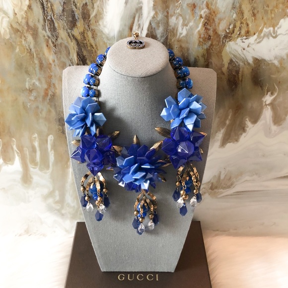 RUNWAY $4k Gucci Blue Floral Brass GG Necklace - Picture 1 of 8